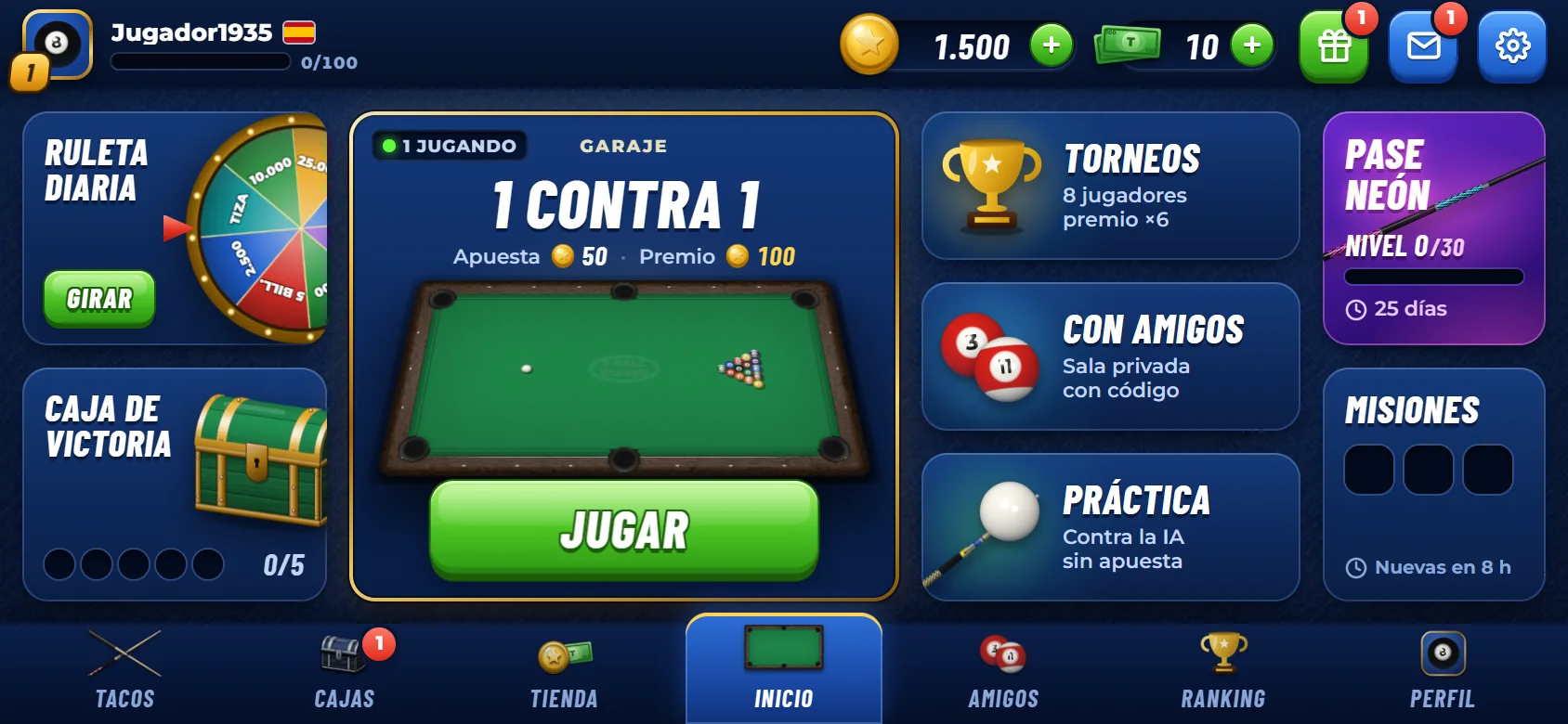 La pantalla de inicio de 8 Ball Stakes